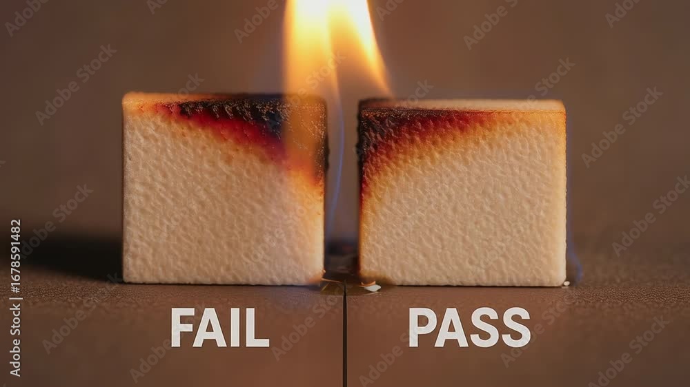 Poster burn test result comparison in industry reveals clear difference between fail and pass with flame an