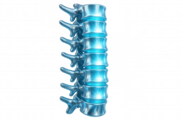 Metallic spinal column with glowing intervertebral discs on transparent background, perfect for medical and scientific projects