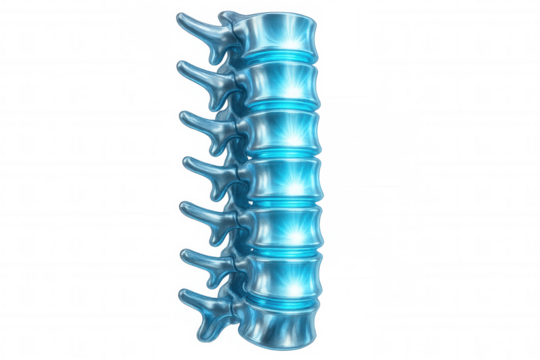 Metallic spinal column with glowing intervertebral discs on transparent background, perfect for medical and scientific projects