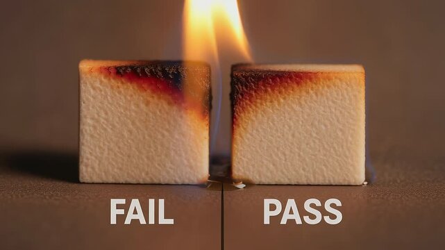Burn test result comparison in industry reveals clear difference between fail and pass with flame and fire on material surface quality check
