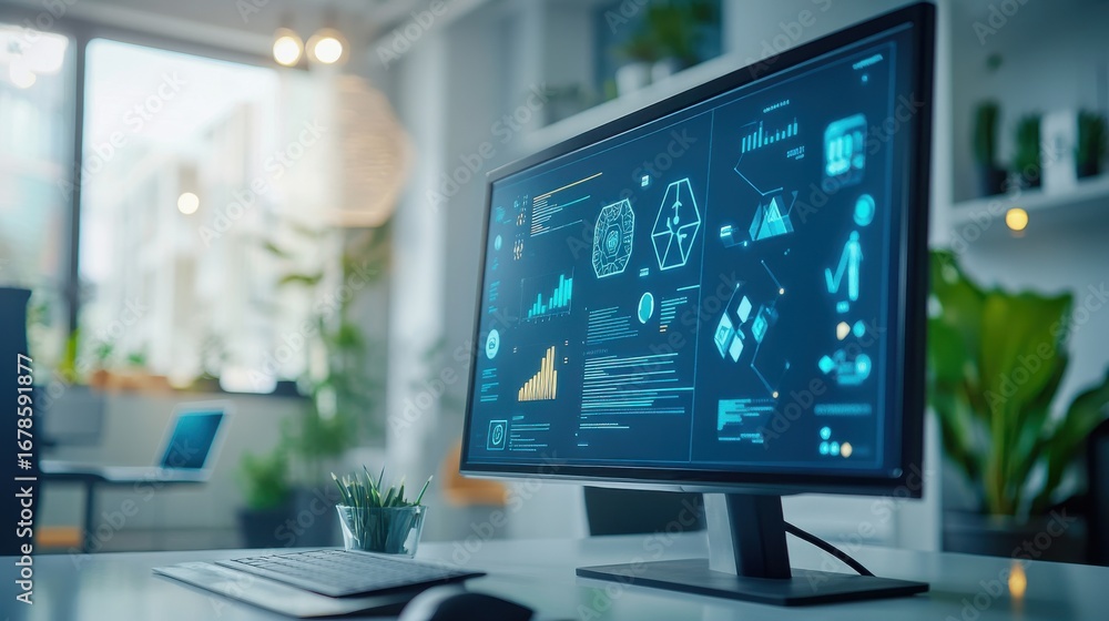 Poster modern desktop computer with data visualizations in office setting