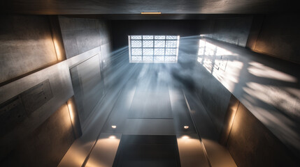 Sunlight beams stream through a window in a modern concrete interior, highlighting textures and creating dramatic shadows