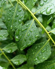 Green leaves covered in water droplets, likely after rain or dew.