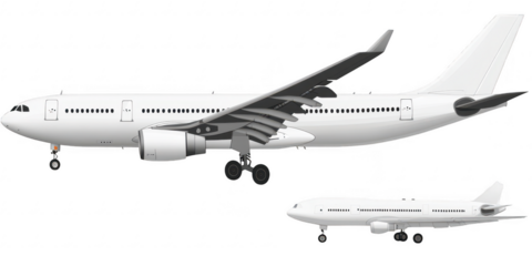 Two white airplanes side by side on transparent png background