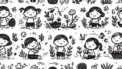 Playful Children Vector Art with Nature Scene, Kids Illustration, Cute Design, Outdoor Fun, Black and White Elements, Creative Doodle Style, Whimsical, Happy Faces, Garden, Illustrative, Artistic, You