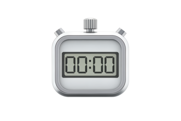 Modern digital alarm clock showing 00:00, glowing LED display, isolated on white background.