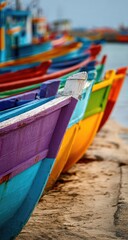 Obraz premium Colorful fishing boats lined up on a sandy shore