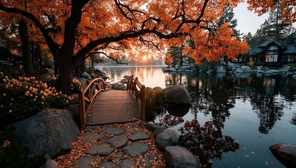 Autumnal lakeside scene with a wooden bridge and glowing house at sunset fall water