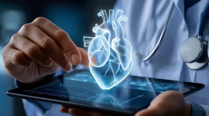 A doctor holds a glowing heart holographic in their hands. The concept of advanced medical technology, cardiology innovation, and digital healthcare solutions. Generative AI. - Powered by Adobe