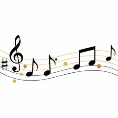 Musical notes on staff with golden accents and flowing lines  