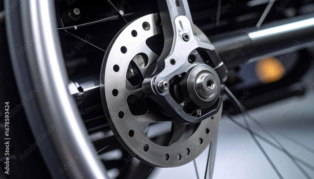 Poster precision engineering: a close-up shot revealing the intricate mechanics of a bicycle's disc brake s