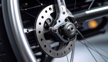 Precision Engineering: A close-up shot revealing the intricate mechanics of a bicycle's disc brake system, showcasing the perfect alignment of its components.