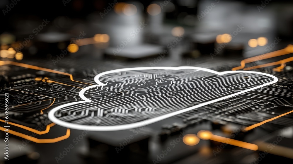 Poster circuit board design with cloud icon symbolizing intelligent cloud computing and microchip connectiv