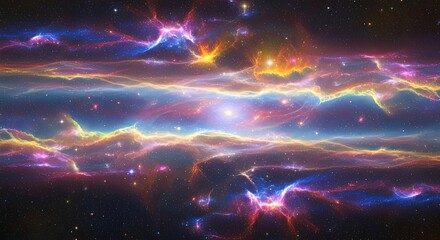 Obraz premium Stunning vibrant nebula swirls with distant stars, captivating cosmic wonder and exploration