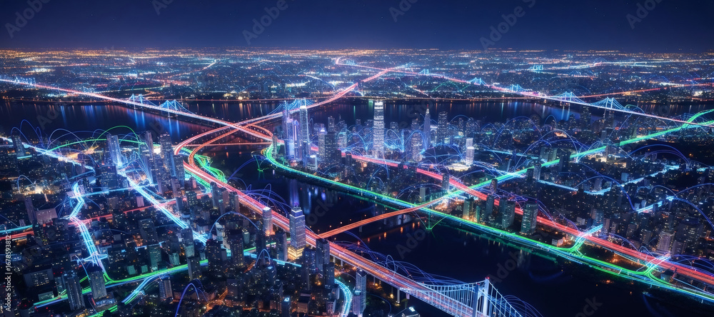 Poster smart city with glowing networks connecting buildings and bridges at night. digital data flow backgr