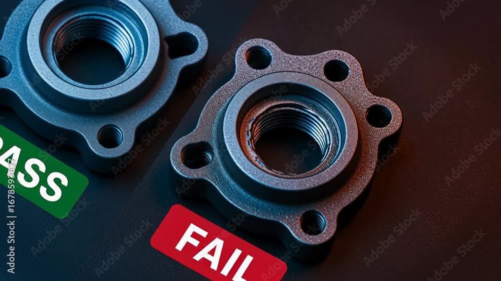 Poster metal part test result comparison in industry reveals pass and fail outcomes emphasizing quality con