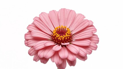 Isolated pink Zinnia flower with yellow stamens against a white background.