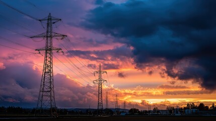 Fototapeta premium Electricity transmission towers at dusk in countryside with glowing sky, power industry infrastructure, urban development, and sustainable energy concept.