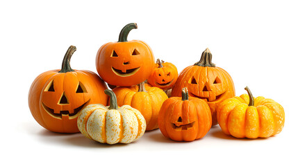 A festive arrangement of carved pumpkins with smiling faces, showcasing autumn spirit and Halloween vibes