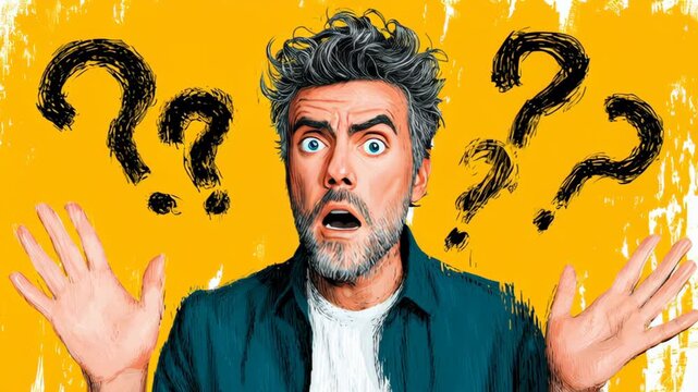 Animated man expressing confusion and surprise with raised hands, surrounded by question marks, showcasing a dynamic emotional progression in a vibrant yellow background illustration