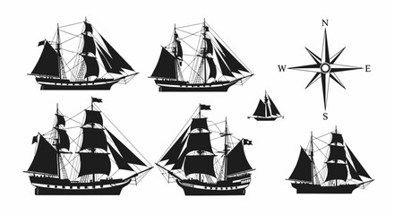A collection of six black silhouette illustrations depicting various sailing ships with masts, sails, and rigging, alongside a compass rose.