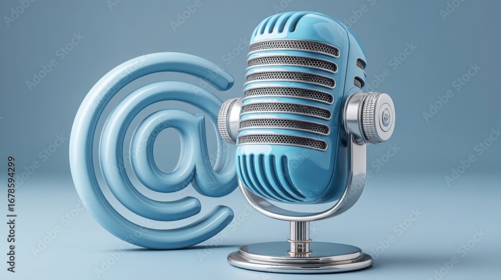 Poster microphone displaying modern content creation concept with blue symbol in the background for voice-l