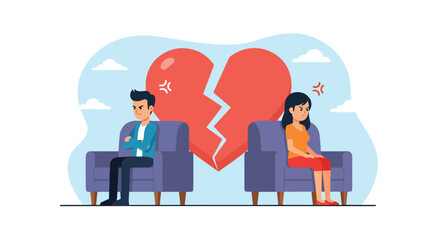 Illustration of a sad couple sitting apart on a couch with a broken heart between them, symbolizing divorce, breakup, emotional pain, and relationship struggles
