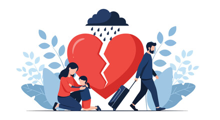 Illustration of a mother comforting her child while a father walks away with luggage, symbolizing divorce, broken family, emotional pain, and the struggles of separation