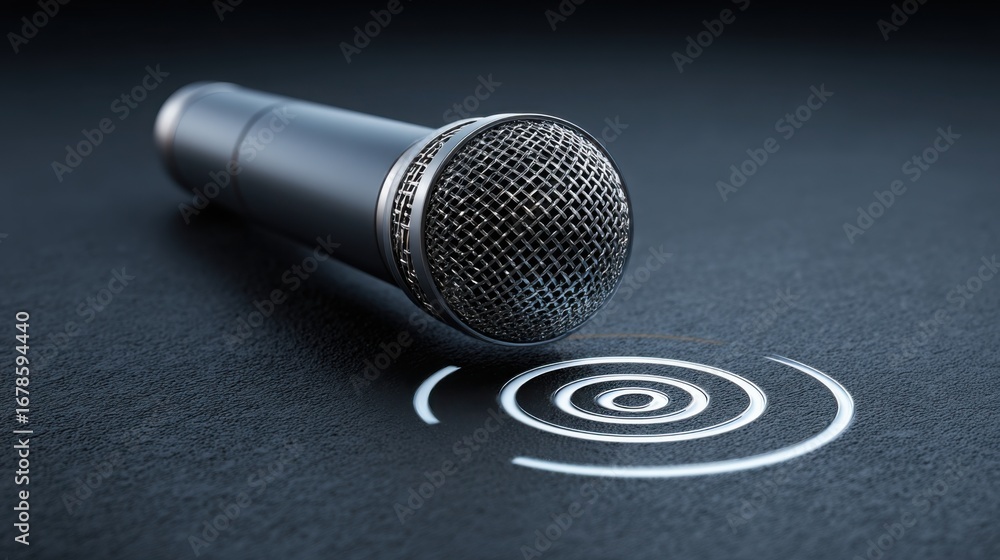 Poster stylish microphone resting on a black surface representing high-end audio equipment for voice-led co