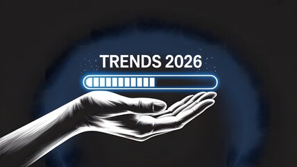 Futuristic TRENDS 2026 Graphic with Glowing Progress Bar and Hand Illustration on Dark Background