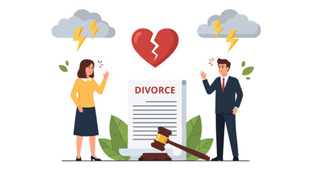 Vector illustration of a couple arguing over divorce papers under storm clouds and a broken heart, symbolizing separation, legal conflict, relationship struggles, and emotional challenges of breakup