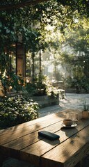 Obraz premium Sunny outdoor cafe, wooden table, greenery