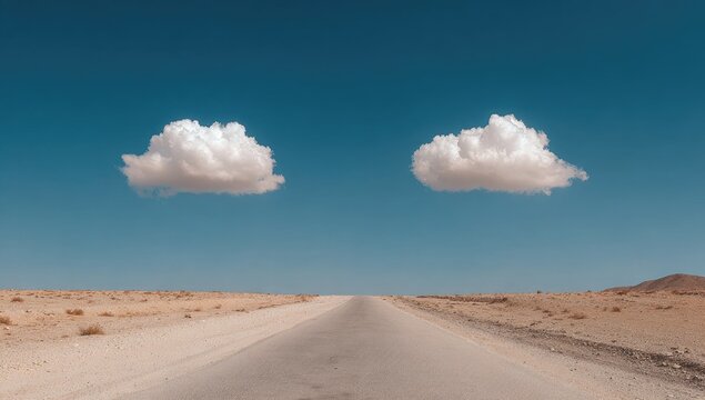 Empty road stretches into a vast desert under a vibrant blue sky, punctuated by two large, fluffy white clouds