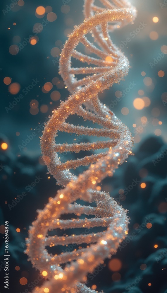 Poster glowing dna strand on dark abstract background with bokeh lights