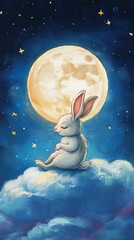 Mid-Autumn Festival rabbit resting on crescent moon under starry night