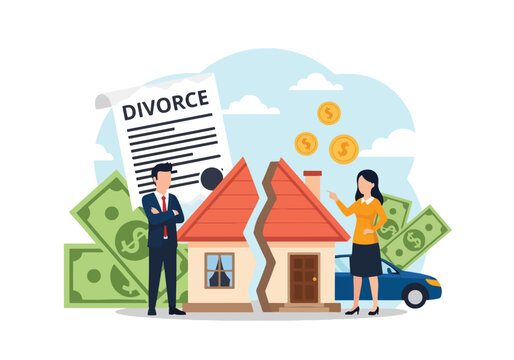 Vector illustration of a couple dividing property and assets during divorce, showing a split house, money, and car, symbolizing financial settlement, legal separation, and property division disputes