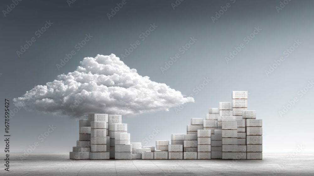 Poster cloud hovering over a stack of boxes symbolizing connectivity and digital solutions in a minimalist 