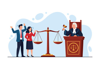 Vector illustration of a judge holding a gavel with a couple arguing beside scales of justice, symbolizing divorce trial, legal dispute, conflict resolution, and fairness in court decisions