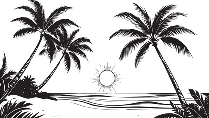 Sunset Beach Vector Art with Palm Trees, Coastal Silhouette, Tropical Scene, Seaside Relaxation, Black and White Design, Elegant, Exotic, Graphic Illustration, Island Paradise, Beautiful Seascape, Nat