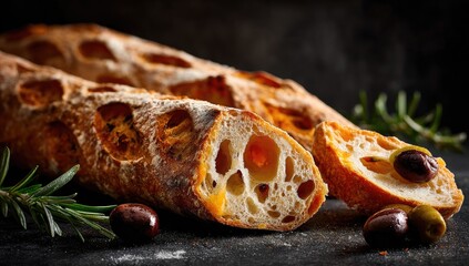 Fototapeta premium Sliced artisanal bread, golden crust, airy interior, rosemary, olives