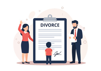 Vector illustration of a family facing divorce with parents arguing and a child standing between them, symbolizing separation, custody conflict, and emotional impact of broken relationships