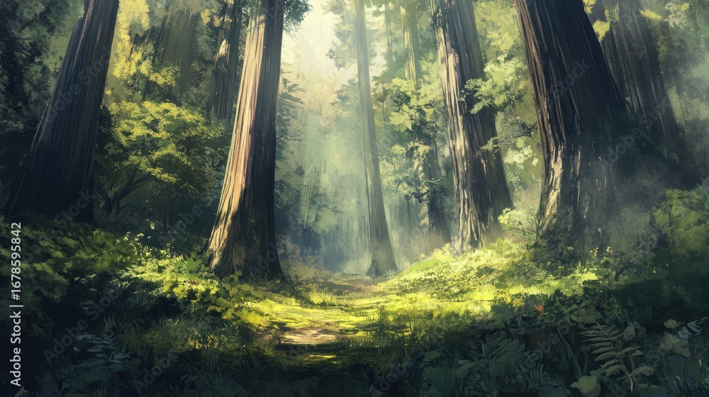 Poster sunlight filtering through trees on a serene forest path