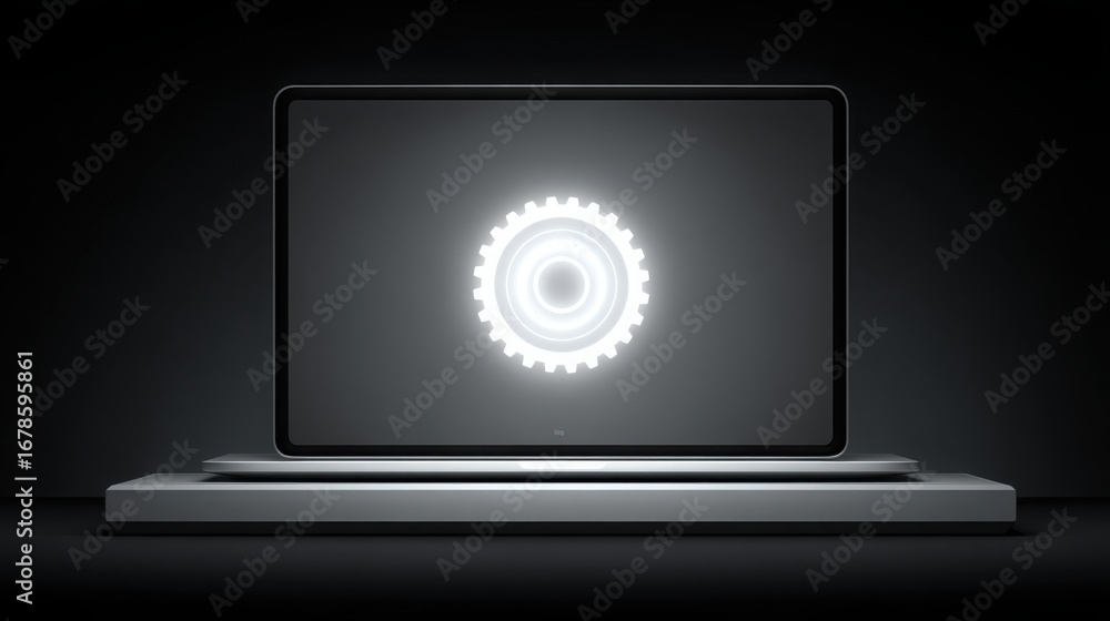 Poster stylish laptop featuring a glowing gear button indicating advanced functionality and smart technolog
