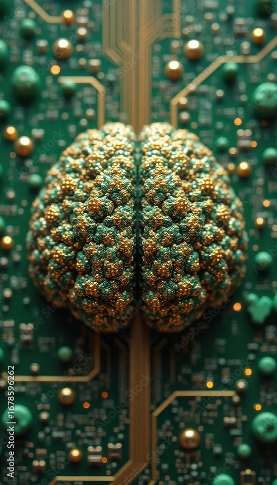 Poster digital rendering of brain resting on circuit board