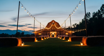 Fototapeta premium Beautifully lit barn venue at dusk with string lights and lanterns