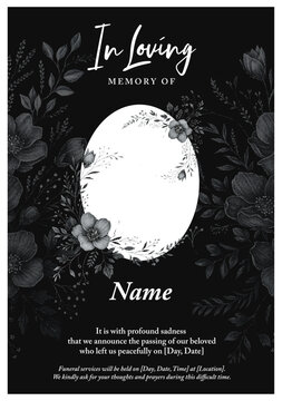 In loving memory template with floral frame, wreath, and elegant typography for funeral or memorial announcement
