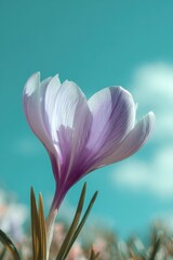 Close-up of a delicate, light purple crocus flower against a teal sky