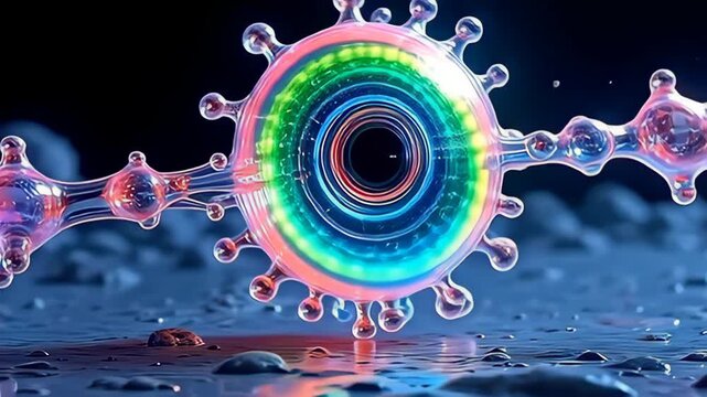 Suspended gracefully, the rainbow-core molecule breathing slowly in 3D space forms a kaleidoscopic whirlpool that spins and contracts, exuding brilliance through its vivid hues, while
