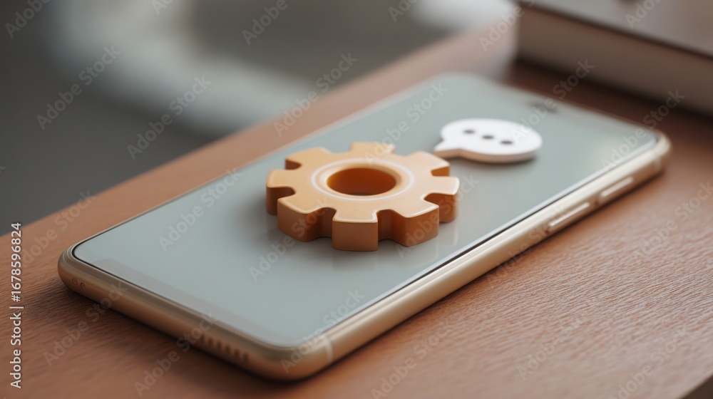 Poster mobile device with gear wheel icon illustrating integration and functionality in modern communicatio