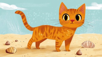 Adorable cartoon feline with fluffy fur investigating seashells on a beach at sunset, with a gentle breeze ruffling its fur. For kids' books, cards, and projects.